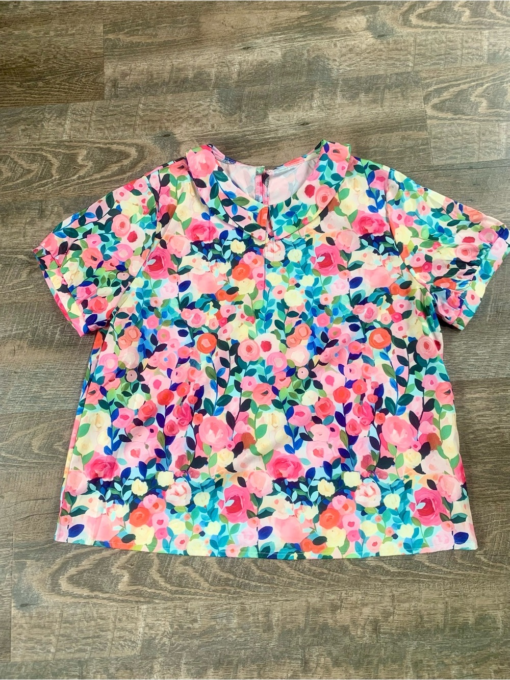 Floral Maximalism Business Casual Short-Sleeve Top in Pink Multi - Picture 1 of 7